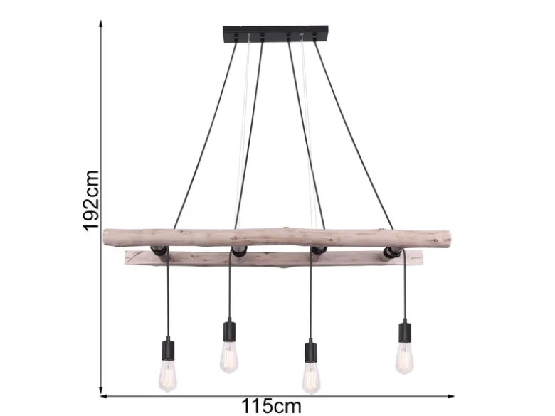 Pendelleuchte IRMGARD 4-flammig mit Leiter Holzbalken 192cm lang, Breite 115cm