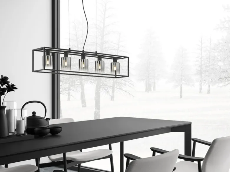 Pendelleuchte ISKA 5-flammig Schwarz mit Rauchglas, Breite 95cm