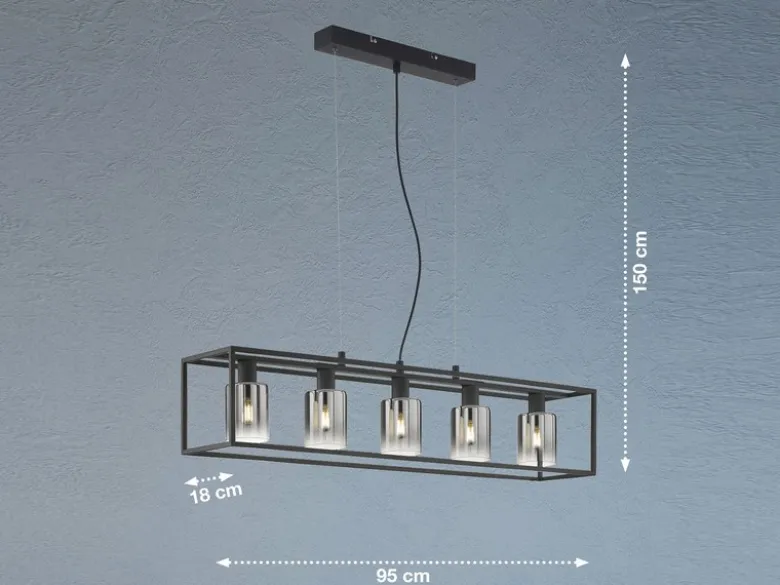 Pendelleuchte ISKA 5-flammig Schwarz mit Rauchglas, Breite 95cm
