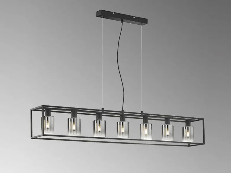 Pendelleuchte ISKA 7-flammig Schwarz lang mit Rauchglas, Breite 130cm