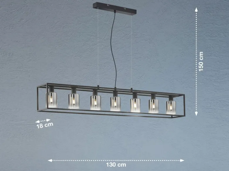 Pendelleuchte ISKA 7-flammig Schwarz lang mit Rauchglas, Breite 130cm