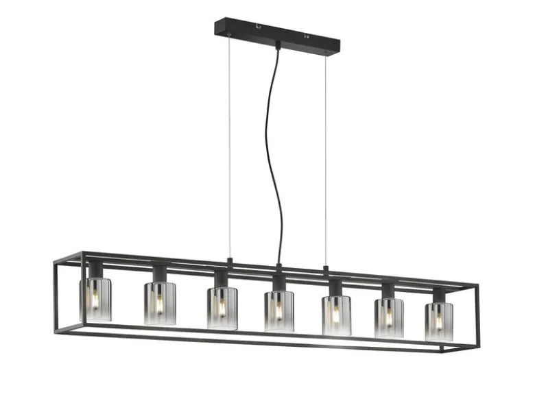 Pendelleuchte ISKA 7-flammig Schwarz lang mit Rauchglas, Breite 130cm
