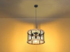 Pendelleuchte JEANIE mit Holz & Gitter 3-flammig Schwarz, Ø 40cm