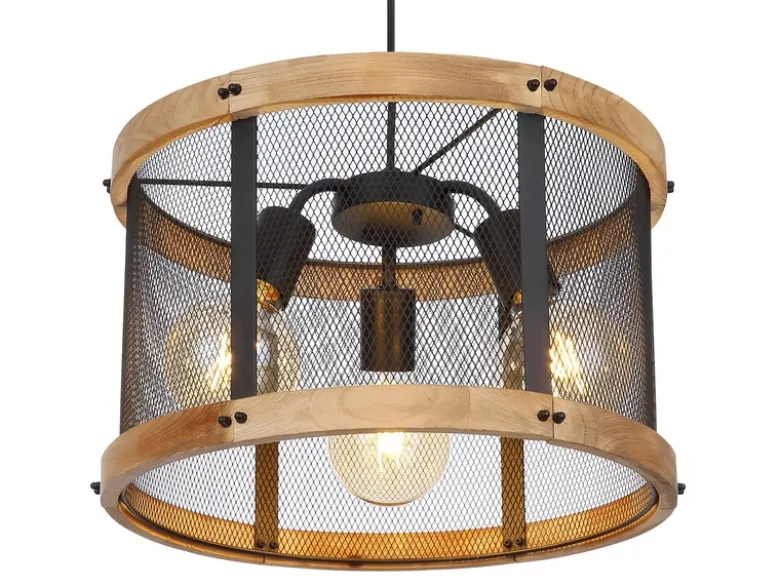 Pendelleuchte JEANIE mit Holz & Gitter 3-flammig Schwarz, Ø 40cm