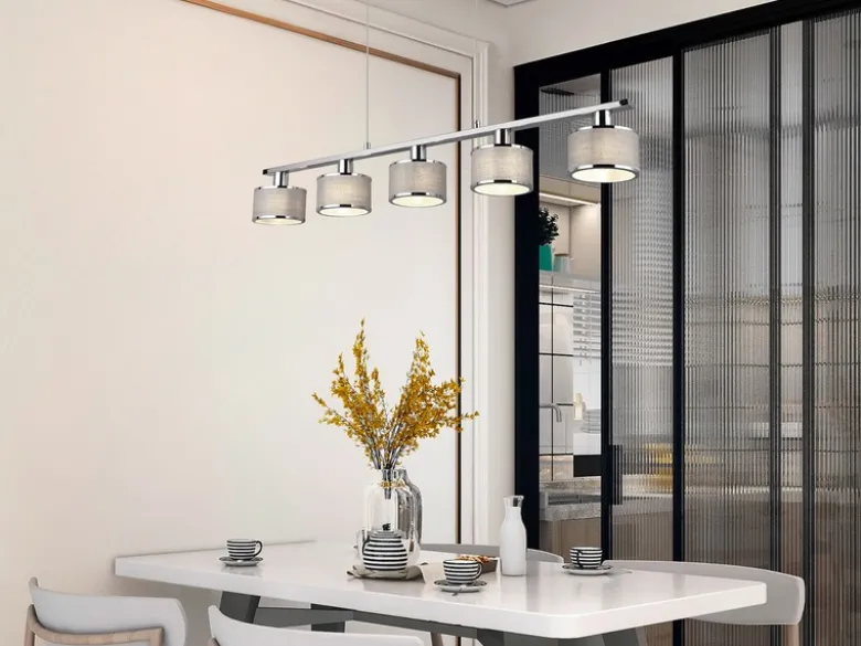 Pendelleuchte KAPRUN Chrom 5-flammig Stoff Lampenschirme Grau, Breite 92cm