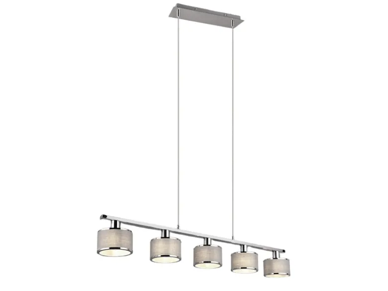 Pendelleuchte KAPRUN Chrom 5-flammig Stoff Lampenschirme Grau, Breite 92cm
