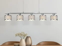Pendelleuchte KAPRUN Chrom 5-flammig Stoff Lampenschirme Grau, Breite 92cm