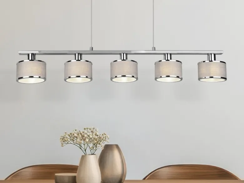Pendelleuchte KAPRUN Chrom 5-flammig Stoff Lampenschirme Grau, Breite 92cm