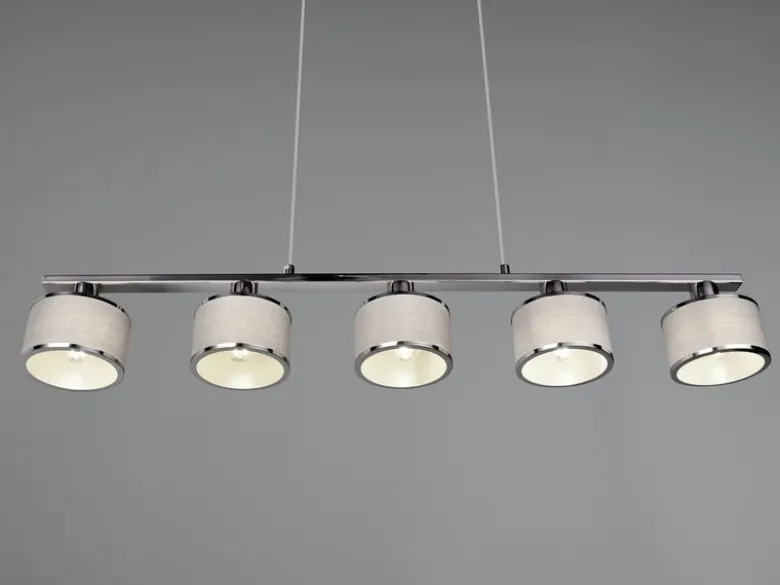 Pendelleuchte KAPRUN Chrom 5-flammig Stoff Lampenschirme Grau, Breite 92cm