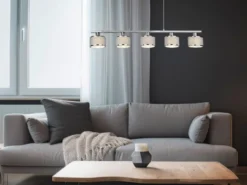 Pendelleuchte KAPRUN Chrom 5-flammig Stoff Lampenschirme Grau, Breite 92cm