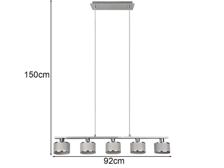 Pendelleuchte KAPRUN Chrom 5-flammig Stoff Lampenschirme Grau, Breite 92cm