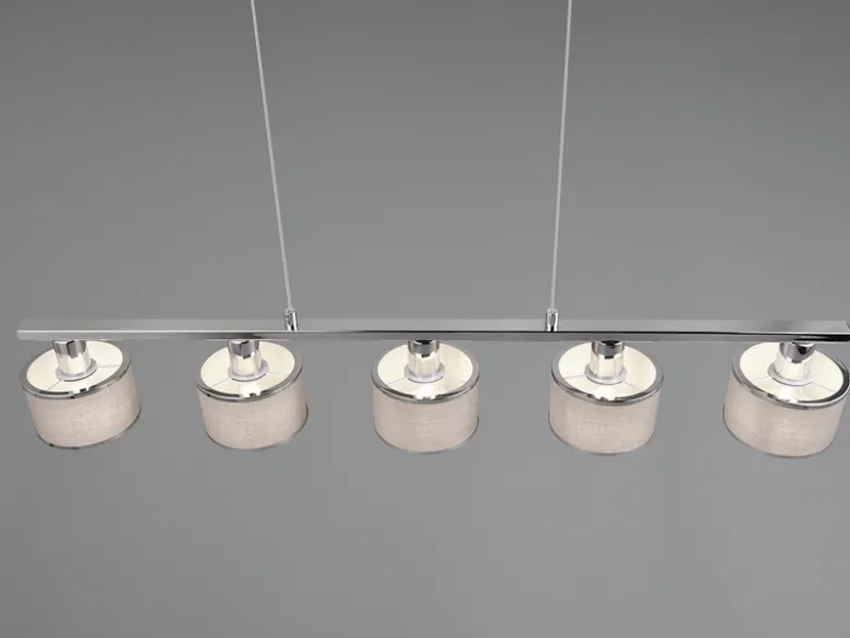 Pendelleuchte KAPRUN Chrom 5-flammig Stoff Lampenschirme Grau, Breite 92cm