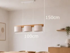 Pendelleuchte LANAT Holzbalken 3-flammig mit Stoffschirmen Beige, Breite 100cm