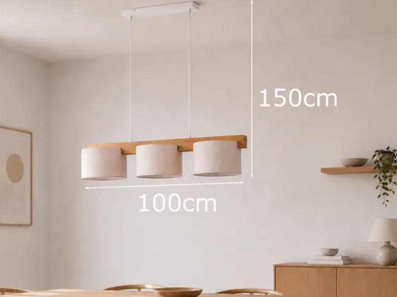 Pendelleuchte LANAT Holzbalken 3-flammig mit Stoffschirmen Beige, Breite 100cm