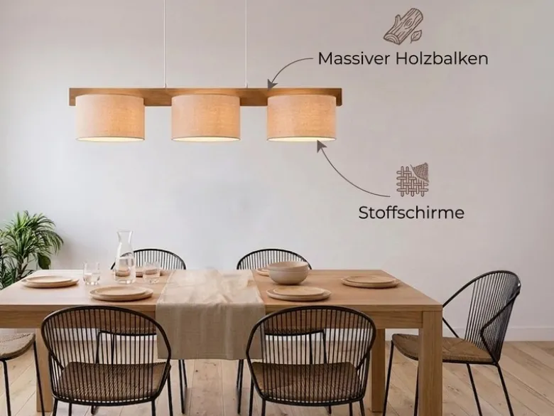 Pendelleuchte LANAT Holzbalken 3-flammig mit Stoffschirmen Beige, Breite 100cm