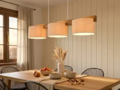 Pendelleuchte LANAT Holzbalken 3-flammig mit Stoffschirmen Beige, Breite 100cm