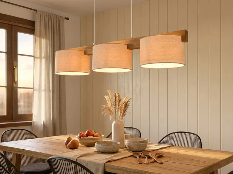 Pendelleuchte LANAT Holzbalken 3-flammig mit Stoffschirmen Beige, Breite 100cm