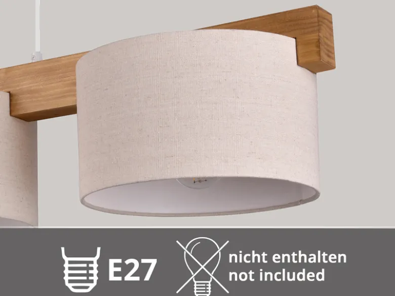 Pendelleuchte LANAT Holzbalken 3-flammig mit Stoffschirmen Beige, Breite 100cm