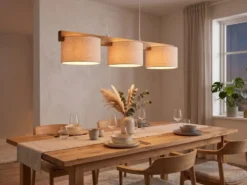 Pendelleuchte LANAT Holzbalken 3-flammig mit Stoffschirmen Beige, Breite 100cm