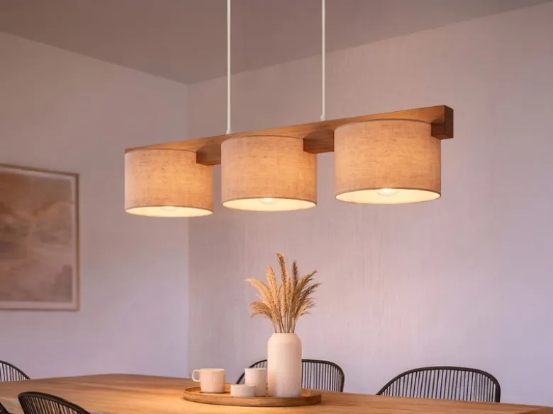 Pendelleuchte LANAT Holzbalken 3-flammig mit Stoffschirmen Beige, Breite 100cm