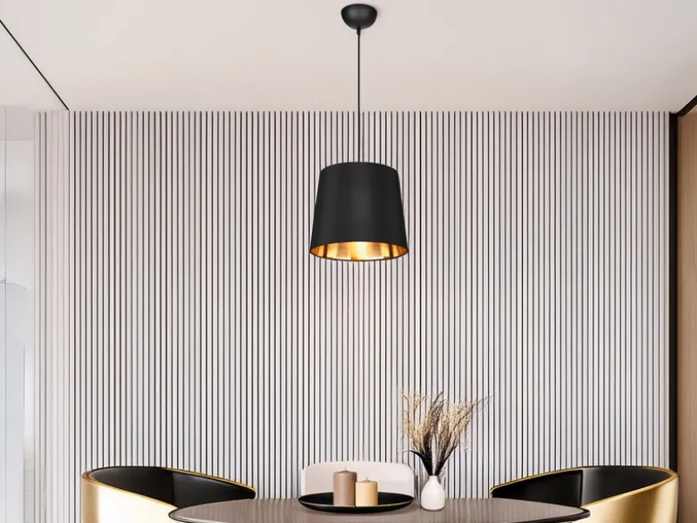 Pendelleuchte LAUREA 1-flammig mit Stoff-Schirm Schwarz Gold, Ø 30cm