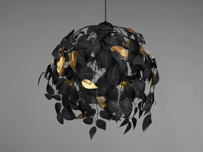 Pendelleuchte LEAVY mit Blätter Lampenschirm in Schwarz Gold, Ø 38cm