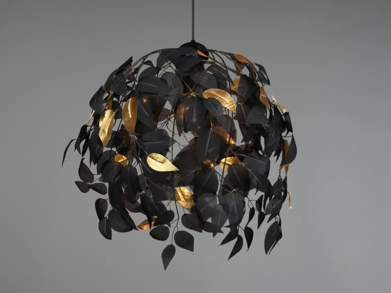 Pendelleuchte LEAVY mit Blätter Lampenschirm in Schwarz Gold, Ø 38cm