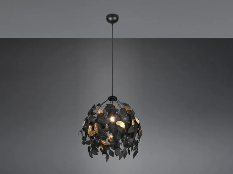 Pendelleuchte LEAVY mit Blätter Lampenschirm in Schwarz Gold, Ø 38cm