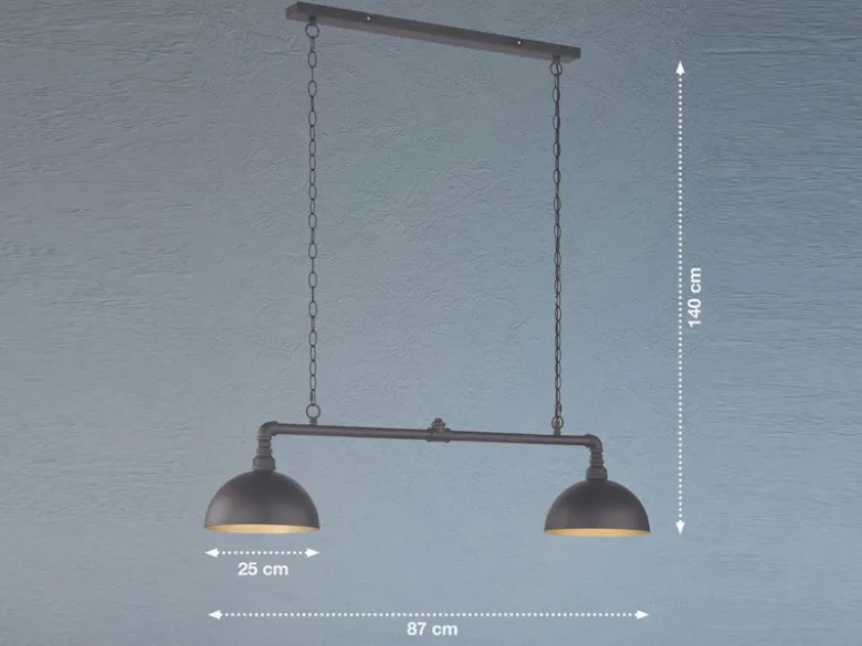 Pendelleuchte LEITUNG 2-flammig Industrial Style Schwarz Gold, Breite 87cm