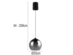 Pendelleuchte LIORA höhenverstellbar 1-flammig mit Rauchglas Kugel, Ø 25cm