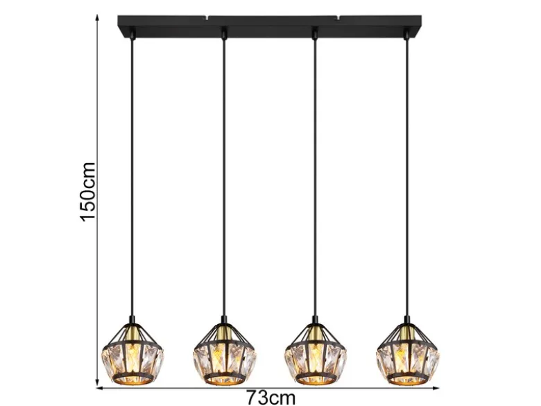 Pendelleuchte LOIS 4-flammig Metall Schwarz Gold mit Glaskristallen, Breite 73cm