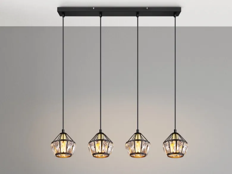 Pendelleuchte LOIS 4-flammig Metall Schwarz Gold mit Glaskristallen, Breite 73cm