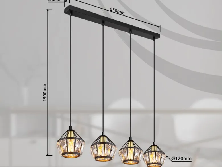 Pendelleuchte LOIS 4-flammig Metall Schwarz Gold mit Glaskristallen, Breite 73cm