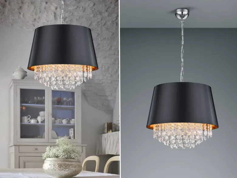 Pendelleuchte LORELEY mit Stoffschirm Schwarz Gold & Kristall, Ø 50cm