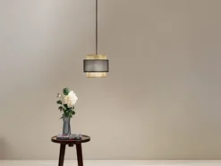 Pendelleuchte LOUNGE einflammig, Metall Gold mit Stoffblende Schwarz, Ø 21cm