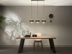 Pendelleuchte LOUNGE 3-flammig, Metall Gold mit Stoffblende Schwarz, Breite 85cm