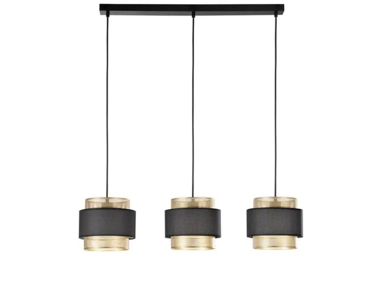 Pendelleuchte LOUNGE 3-flammig, Metall Gold mit Stoffblende Schwarz, Breite 85cm