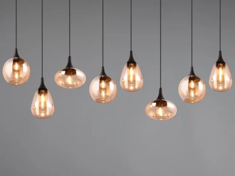 Pendelleuchte LUMINA 8-flammig groß Glasschirme amberfarbig, Breite 121cm