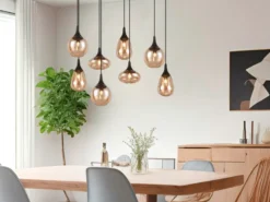 Pendelleuchte LUMINA 8-flammig groß Glasschirme amberfarbig, Breite 121cm