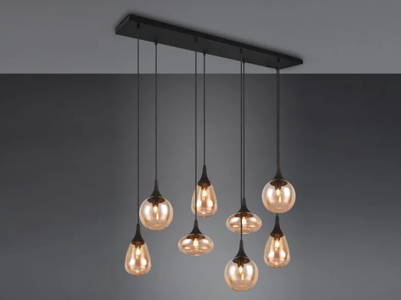 Pendelleuchte LUMINA 8-flammig groß Glasschirme amberfarbig, Breite 121cm