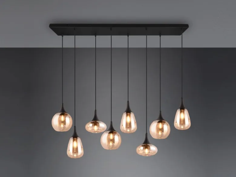 Pendelleuchte LUMINA 8-flammig groß Glasschirme amberfarbig, Breite 121cm