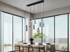 Pendelleuchte MATARO 8-flammig Metall mit Glasschirmen Chrom, Breite 118cm