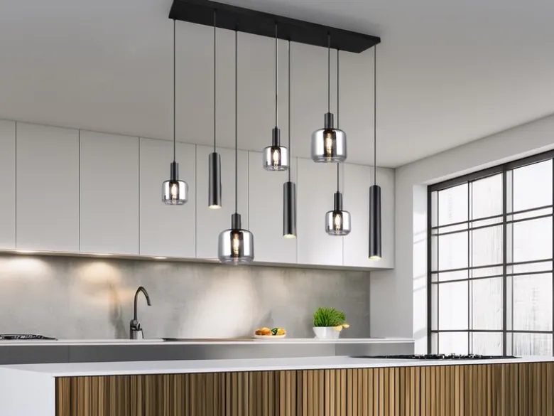 Pendelleuchte MATARO 8-flammig Metall mit Glasschirmen Chrom, Breite 118cm