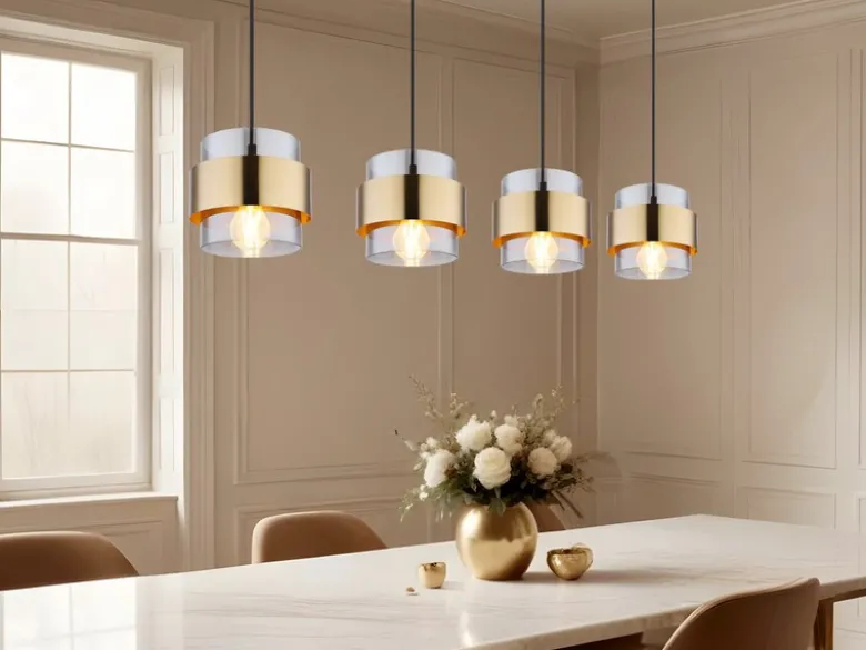 Pendelleuchte MILLEY 4-flammig mit Rauchglas und Messing lang, Breite 111cm