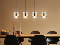 Pendelleuchte MILLEY 4-flammig mit Rauchglas und Messing lang, Breite 111cm