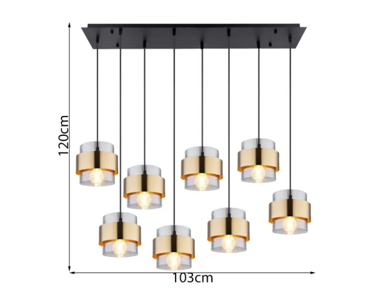 Pendelleuchte MILLEY 8-flammig mit Rauchglas und Messing, Breite 103cm