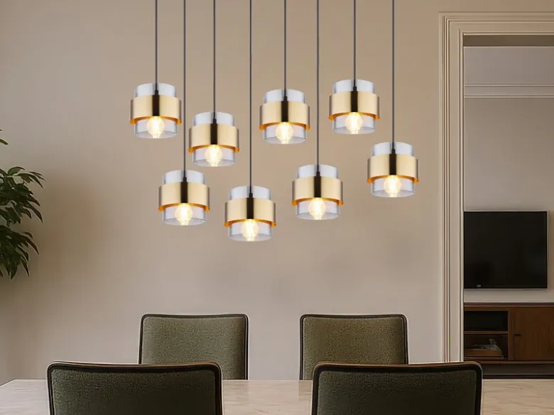 Pendelleuchte MILLEY 8-flammig mit Rauchglas und Messing, Breite 103cm