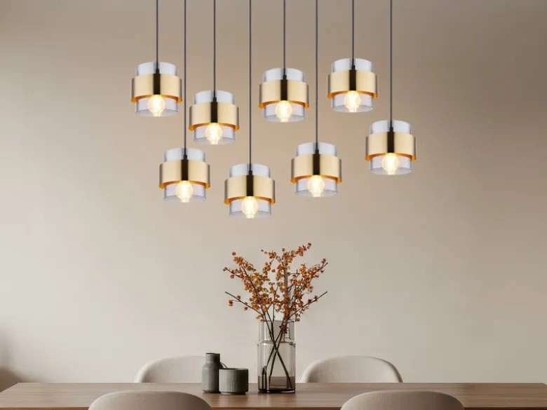 Pendelleuchte MILLEY 8-flammig mit Rauchglas und Messing, Breite 103cm