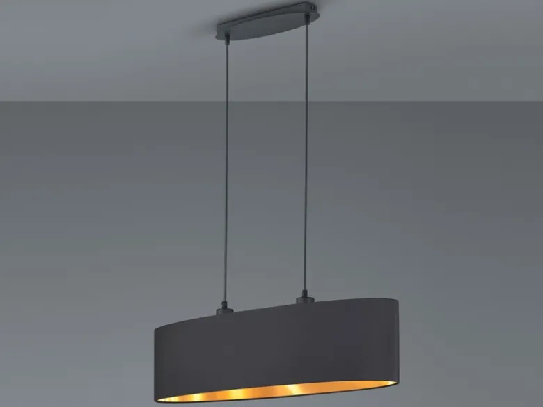 Pendelleuchte mit Stoff Lampenschirm Schwarz / innen Gold oval, Breite 80cm
