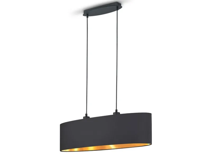 Pendelleuchte mit Stoff Lampenschirm Schwarz / innen Gold oval, Breite 80cm